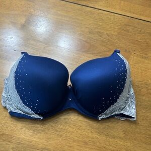 Victoria's Secret Navy Push-Up Bra with Gray Lace & Rhinestones